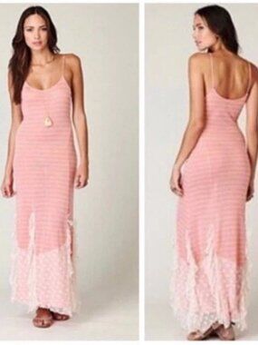 Free People The Hills Are Alive Maxi Dress Peach Stripe Lace Bottom Size S/P